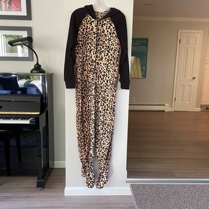 Women’s Fleece cheetah one piece footie pajamas